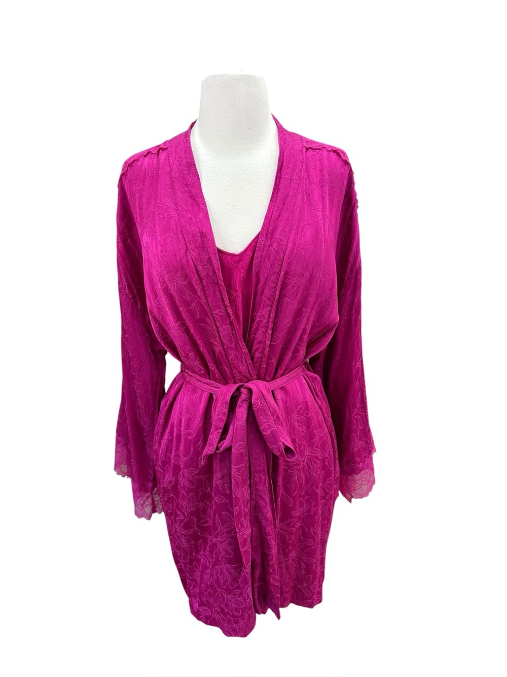 Victoria's Secret Satin and Lace Robe Tank and Shorts 3 Piece Set XL Hot Pink
